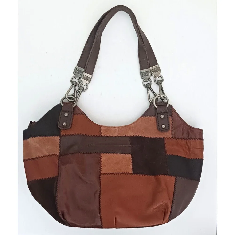 Y2K The Sak Brown Patchwork Leather/Suede Hobo Chunky Silver Hardware Tassel